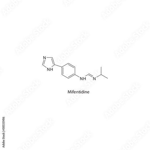 Mifentidine flat skeletal molecular structure H2 receptor antagonist drug used in heartburn, peptic ulcer treatment. Vector illustration.