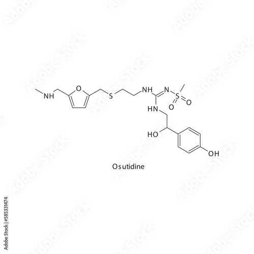 Osutidine flat skeletal molecular structure H2 receptor antagonist drug used in heartburn, peptic ulcer treatment. Vector illustration.