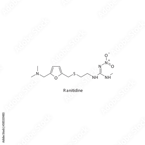 Ranitidine flat skeletal molecular structure H2 receptor antagonist drug used in heartburn, peptic ulcer treatment. Vector illustration.