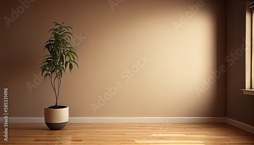 Beige Wall Empty Room Interior with Wooden Flooring and Pot Plant for Background