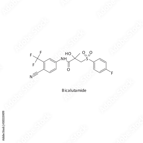 Bicalutamide flat skeletal molecular structure Androgen receptor antagonist drug used in Prostate cancer treatment. Vector illustration.