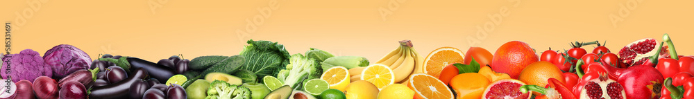 Many different fresh fruits and vegetables on pale orange background. Banner design Many different fresh fruits and vegetables on pale orange background. Banner design