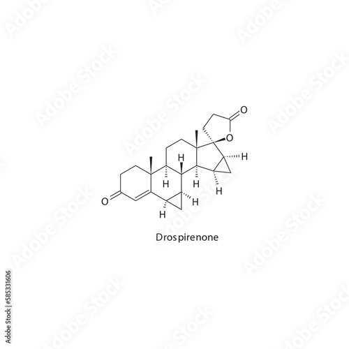 Drospirenone  flat skeletal molecular structure Progestin drug used in birth control treatment. Vector illustration.