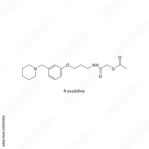 Roxatidine  flat skeletal molecular structure H2 receptor antagonist drug used in heartburn, peptic ulcer treatment. Vector illustration.