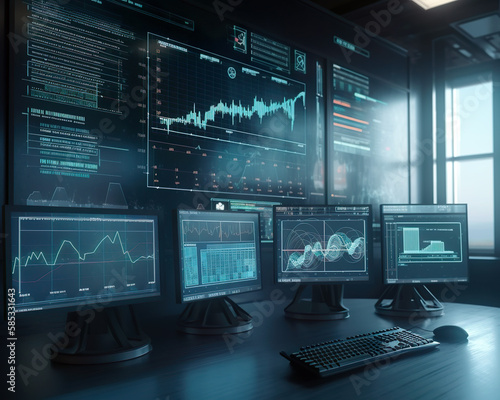 Businessmen analyse data, stock market report on oil and gas price movements. Financial dashboard with business intelligence performance indicators. Raw materials distribution industry. AI generated i