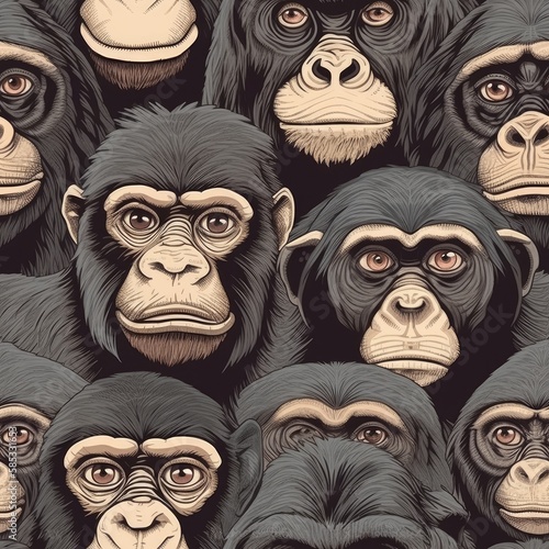 Seamless pattern with gorilla faces. Made with Generative AI.