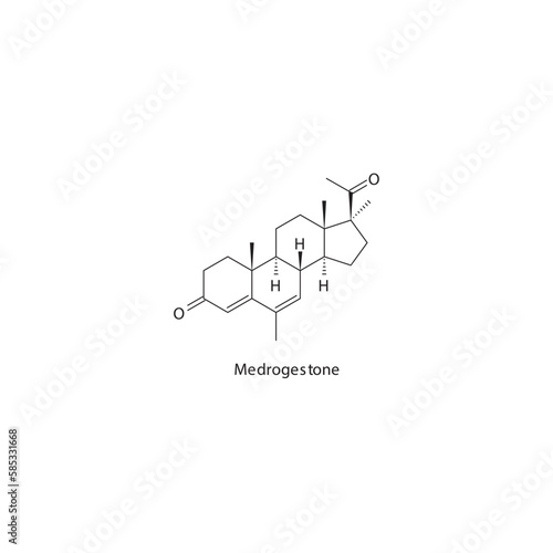 Medrogestone flat skeletal molecular structure Progestin drug used in menopausal symptoms treatment. Vector illustration.