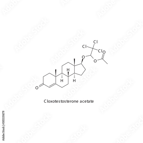 Cloxotestosterone acetate flat skeletal molecular structure Androgen receptor agonist drug used in androgen replacement theraphy treatment. Vector illustration.