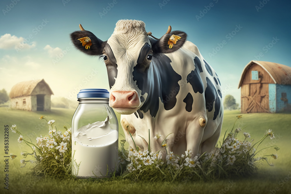 Cute, funny cow on a farm looking at the milk in the jar at Daity form ...