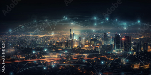 Smart city and Wireless communication network concept.abstract line connection on night city background Generative AI