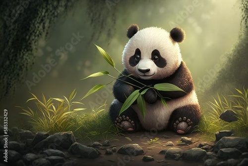 A panda bear sitting in the middle of a forest
