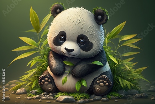 A panda bear sitting in the middle of a forest