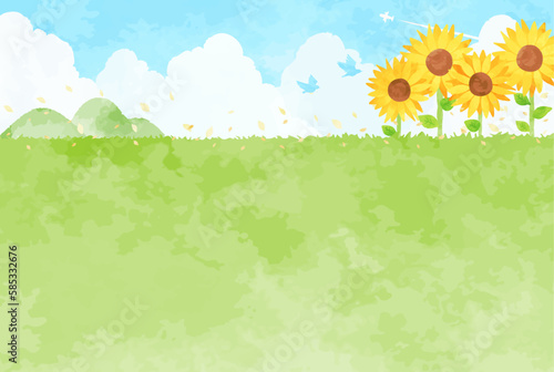 草原にヒマワリが咲く夏の風景イラスト