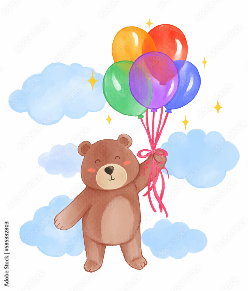 Fototapeta premium Brown bear is floating with balloons in the sky . Realistic watercolor paint with paper textured . Cartoon character design . Vector .
