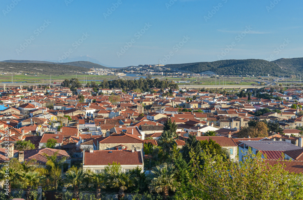 tile roofs of traditional Turkish houses in Alacati old town (Izmir region, Turkey)
