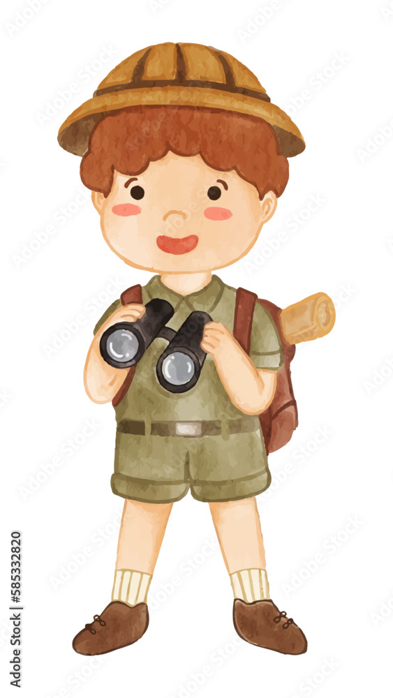 Boy scout with hiking suit look through binoculars . Realistic watercolor paint with paper textured . Cartoon character design . Vector . Boy scout with hiking suit look through binoculars . Realistic watercolor paint with paper textured . Cartoon character design . Vector .