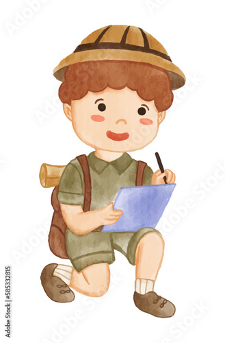 Boy scout with hiking suit is take note on paper . Realistic watercolor paint with paper textured . Cartoon character design . Vector .