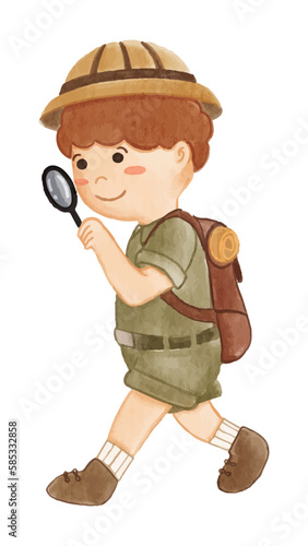 Boy scout with hiking suit look through magnifying glass . Realistic watercolor paint with paper textured . Cartoon character design . Vector .
