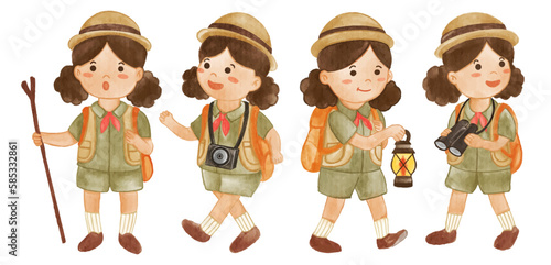 Collection of Girl scout with hiking suit . Realistic watercolor paint with paper textured . Cartoon character design . Vector .