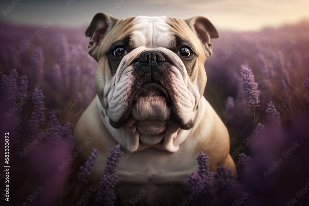 Bulldog sits on purple lavender field. Beautiful dog portrait in nature. Ai generative illustration.