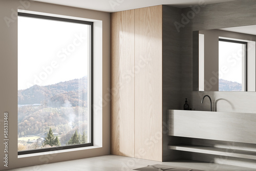 White and wooden bathroom corner with sink and window