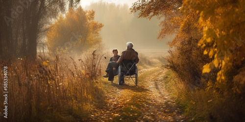 Elderly man and woman in wheelchair in autumn nature Genetarive AI