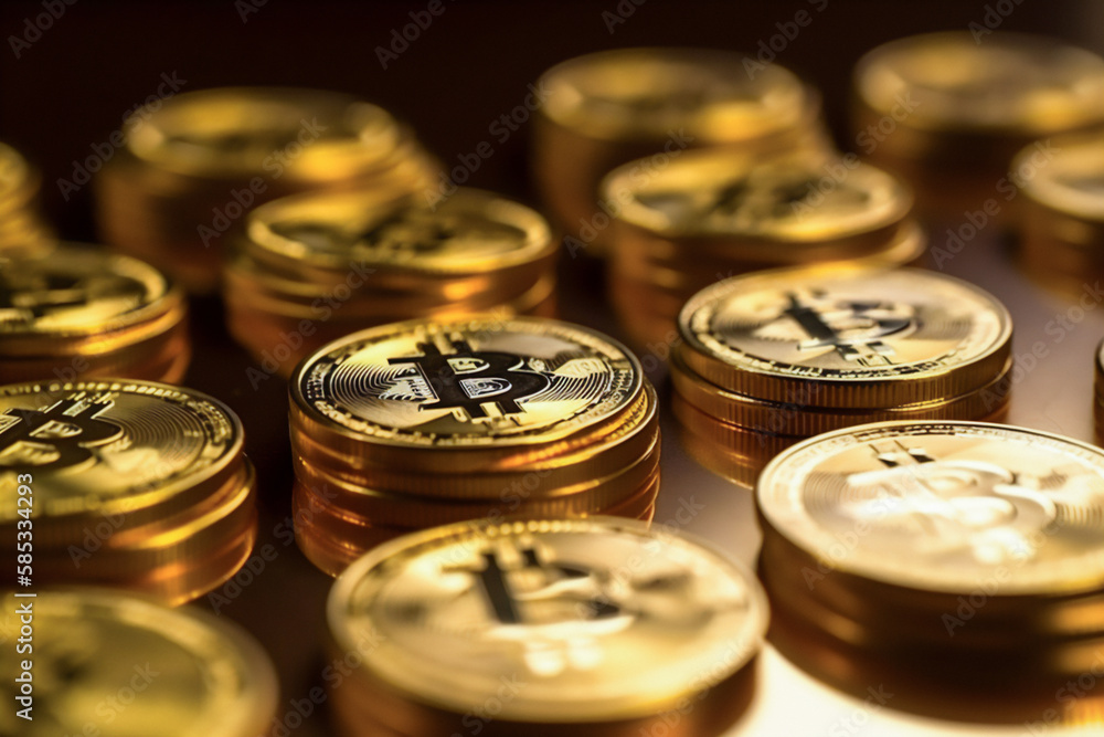 Stacks of bitcoin coins on the table. Background with coins Stacks of bitcoin coins on the table. Background with coins