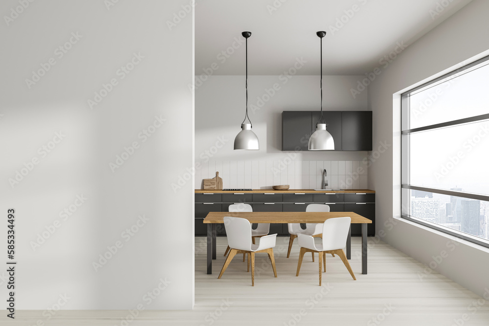 Light kitchen interior with dining and cooking area, window and mockup wall