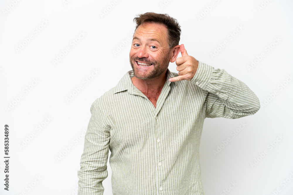 Middle age caucasian man isolated on white background making phone gesture. Call me back sign Middle age caucasian man isolated on white background making phone gesture. Call me back sign