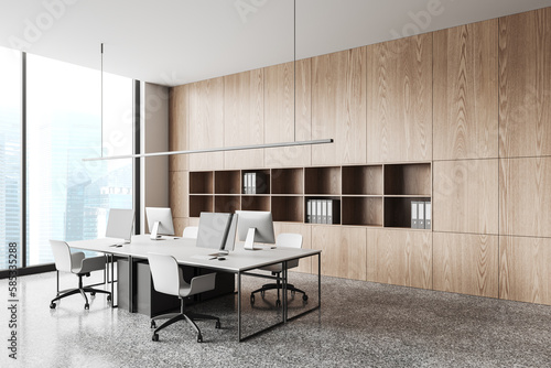 Light office interior with pc computer and shelf with panoramic window © ImageFlow