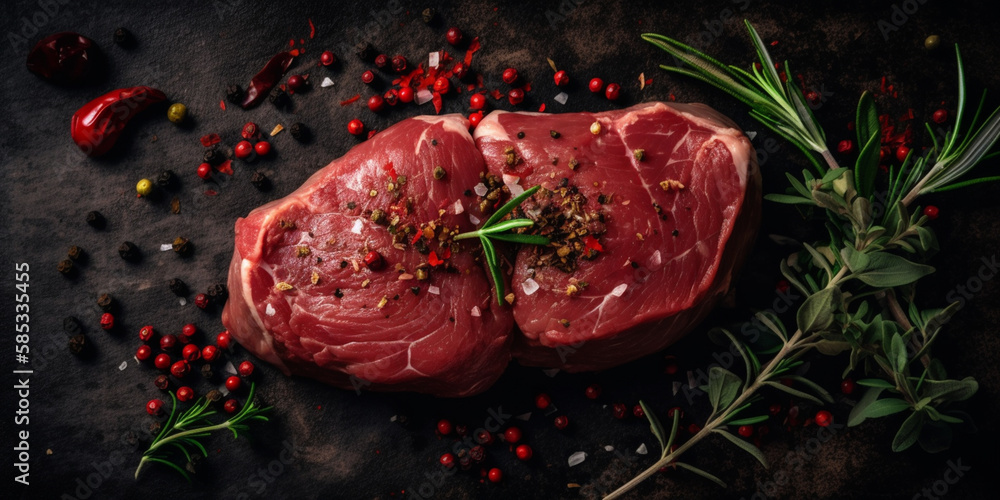Fresh raw meat on board with spices on dark background. top view Genetarive AI