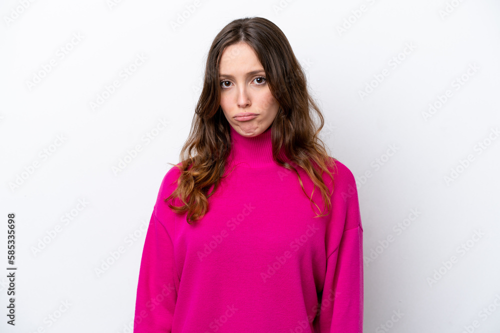 Young caucasian woman isolated on white background with sad expression Young caucasian woman isolated on white background with sad expression