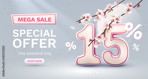 Special spring discount as a gift to the buyer, -15 Percentage off sale. Vector illustration