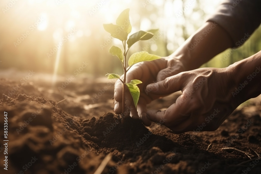 Fototapeta premium Close up of a hand planting a tree, concept of Sustainability. Generative AI