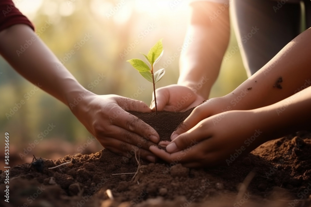 Fototapeta premium Close up of a hands holding a small tree for planting, Concept of Sustainability and reforestation for Earth Day. Generative AI
