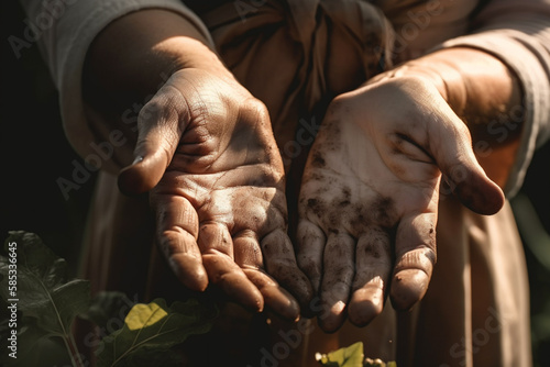 Close up of a dirty hand after planting a tree, concept of Sustainability. Generative AI
