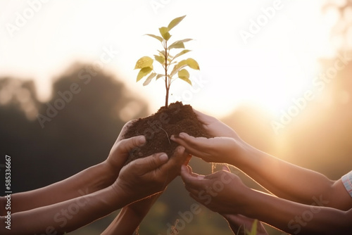 Close up of a hands holding a small tree for planting, Concept of Sustainability and reforestation for Earth Day. Generative AI
