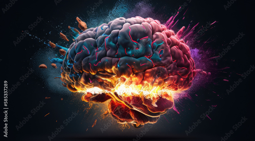 Fototapeta premium Human brain exploding with knowledge and creativity explosion of bright colors. generative ai.
