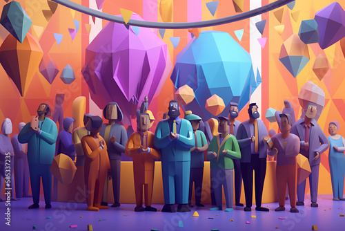 Low Poly Generative AI of Diverse Group Celebrating Milestone. Multicultural Office Celebration. Employees Celebrating Success