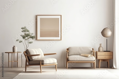 horizontal frame mockup in contemporary living room decor with beige armchair and coffee table with beige wall and concrete floor, scandinavian style,. Generative AI
