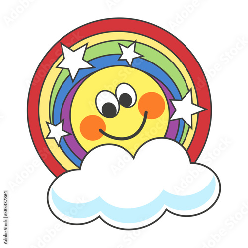 Sticker round rainbow with stars and a smiley face peeking out from behind a cloud