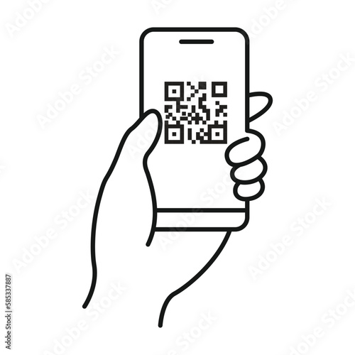 QR code scanning icon in smartphone. hand holding Mobile phone. Simple line icon style, barcode scanner for pay, web, mobile app, promo. Vector illustration. eps.