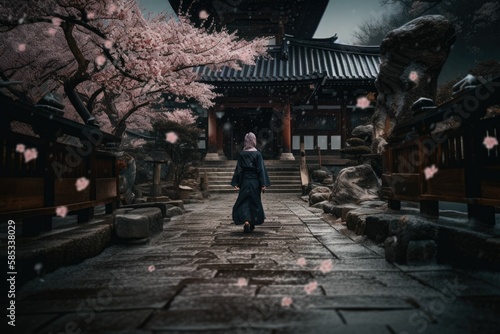 a person walking towards the temple. Generative AI