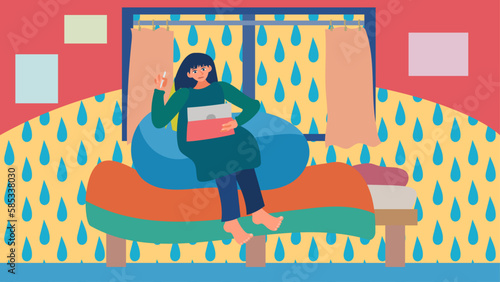 雨の日に室内でくつろぎながらタブレットで作業をする人。フラットなベクター背景イラスト。
A person working on a tablet while relaxing indoors on a rainy day. Flat designed vector background illustration.
