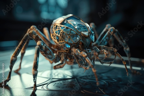 robotic spider on a wood table. Generative AI