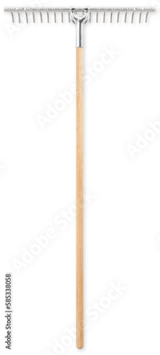 steel metal garden rake with wooden grip, top view isolated on white background with clipping path, spring time concept for home garden or vegetable garden and lawn care