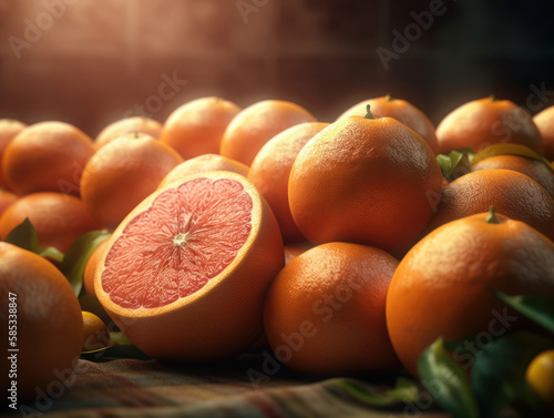 Beautiful organic background of freshly picked grapefruits created with Generative AI technology