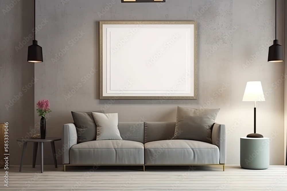 empty poster frame on the wall of living room. Luxurious apartment background with contemporary design as interior idea - Generative AI empty poster frame on the wall of living room. Luxurious apartment background with contemporary design as interior idea - Generative AI