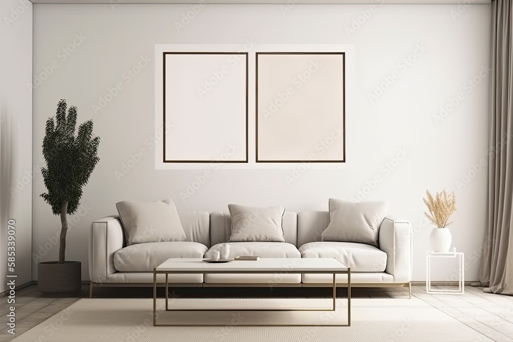 Fototapeta premium empty poster frame on the wall of living room. Luxurious apartment background with contemporary design as interior idea - Generative AI