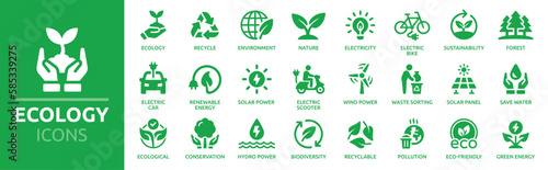 Ecology icon set. Environment, sustainability, nature, recycle, renewable energy; electric bike, eco-friendly, forest, wind power, green symbol. Solid icons vector collection.